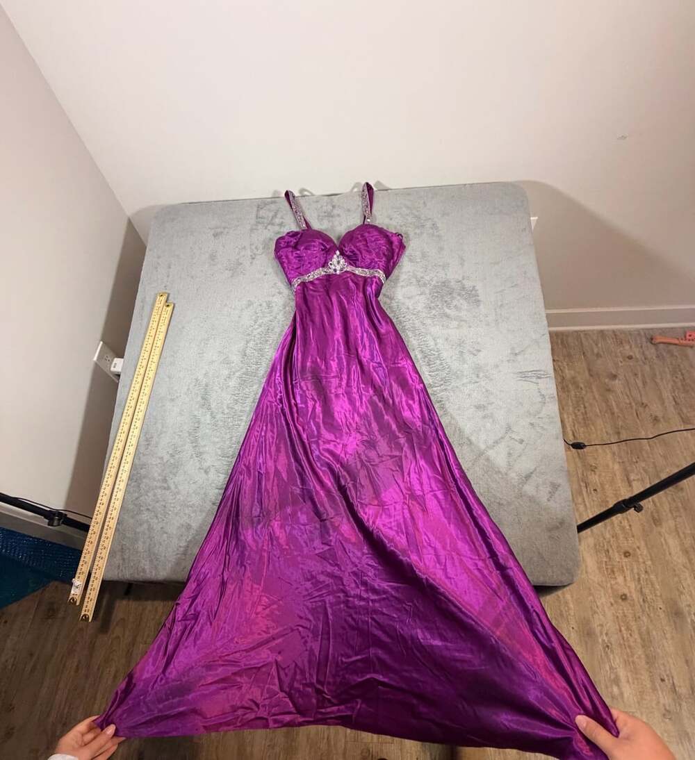 Cache Rhinestone Embellished Purple Satin Evening Dress Size 4